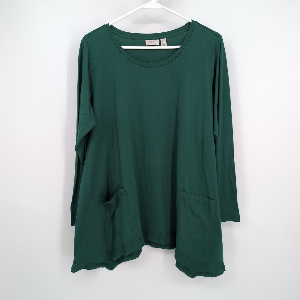 LOGO Lori Goldstein Tunic Top Green Long Sleeve Pockets Womens 1X
